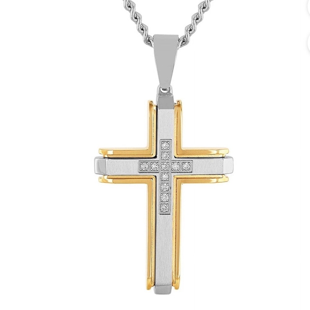 Brilliance Men’s Two Toned Stainless Steel Cross Pendant Necklace 24in Chain New - Picture 1 of 5